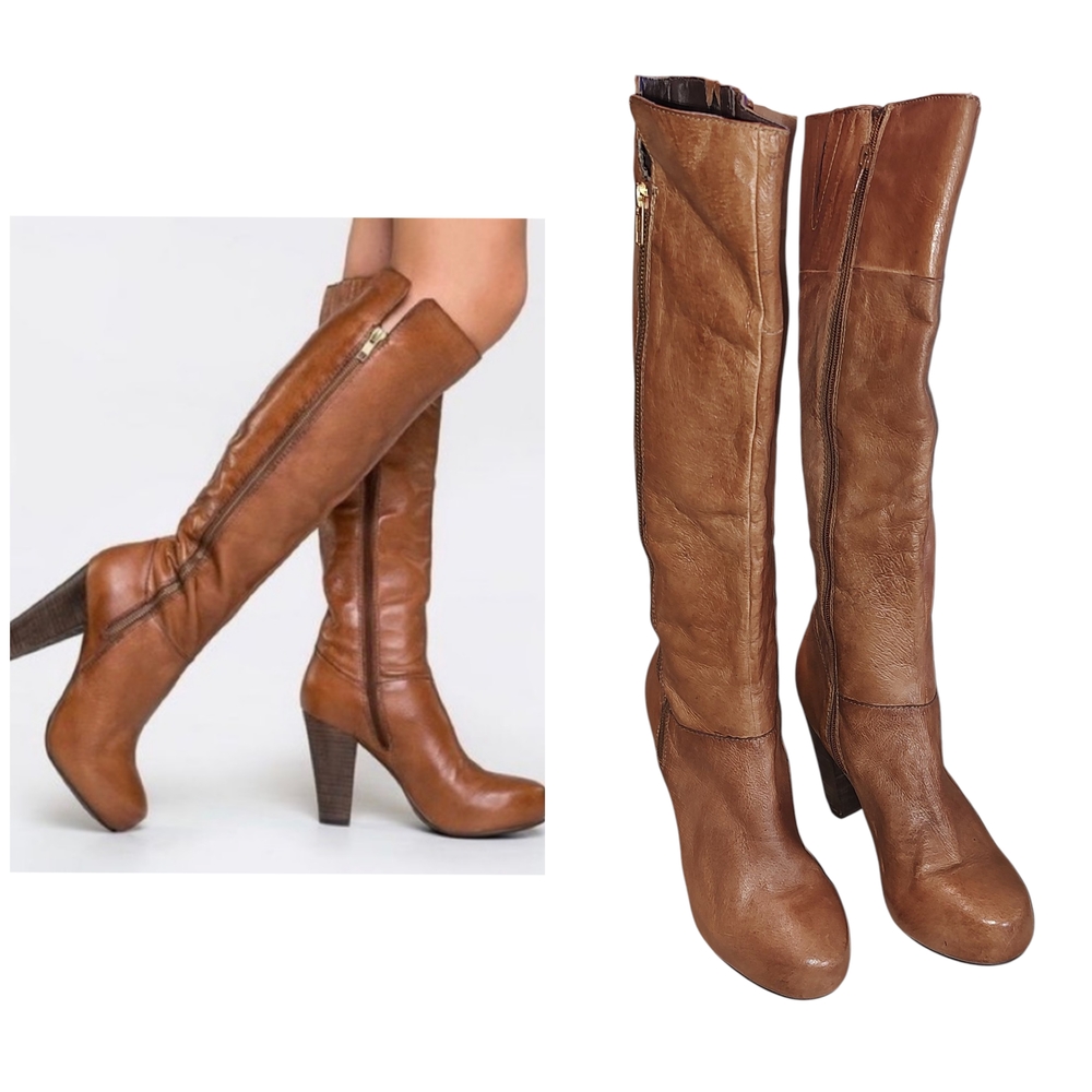11 (FIT like 10-10.5) X-Tall Zip Steve Madden Tan Platform Hi-Heel Boots EC